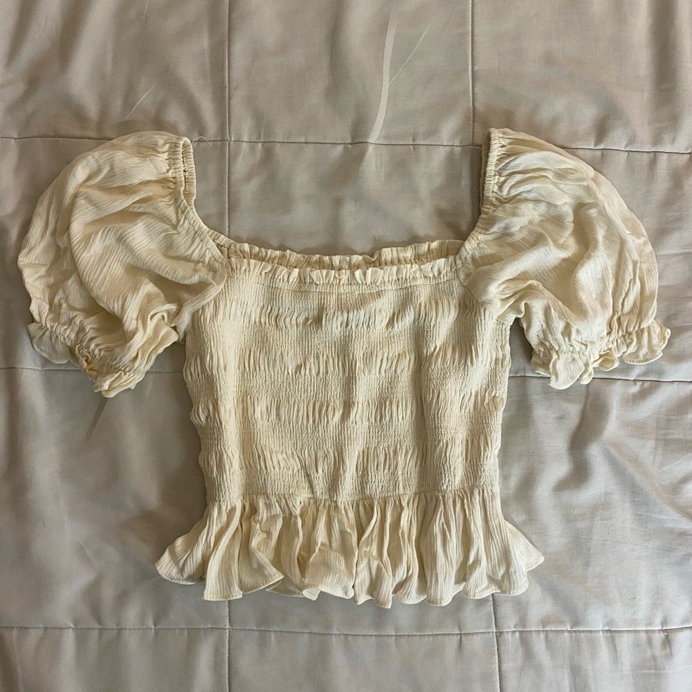 Forever 21 Cream Ruffle Puff Sleeve Blouse
